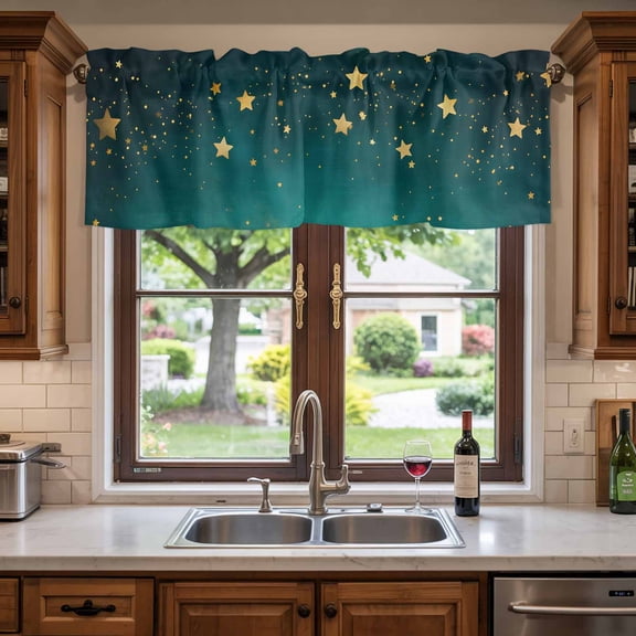 Kitchen Valances for Window, Dream Yellow Star on Teal Blue Light Filtering Rod Pocket Valance Curtain, Night Starry Sky Short Curtains Window Topper for Bedroom Bathroom Living Room 60x18in