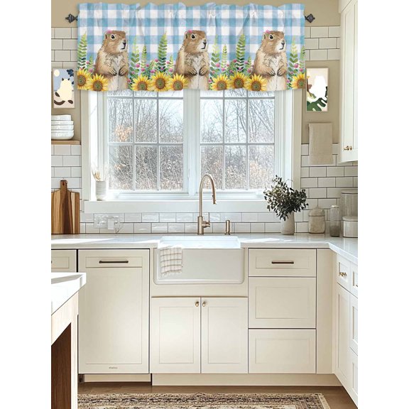 Kitchen Valances for Window, The Earth Dial Rat Day Light Filtering Rod Pocket Valance Curtain, Farm Sunflowers Blue Paid Short Curtains Window Topper for Bedroom Bathroom Living Room 42x12in