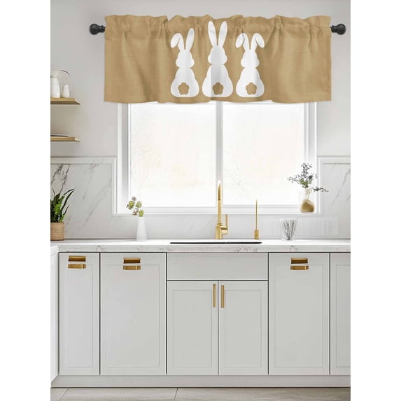 Kitchen Valances for Window, Easter Bunny on Retro Linen Light Filtering Rod Pocket Valance Curtain, Farmhouse Cute Rabbit Short Curtains Window Topper for Bedroom Bathroom Living Room 60x18in