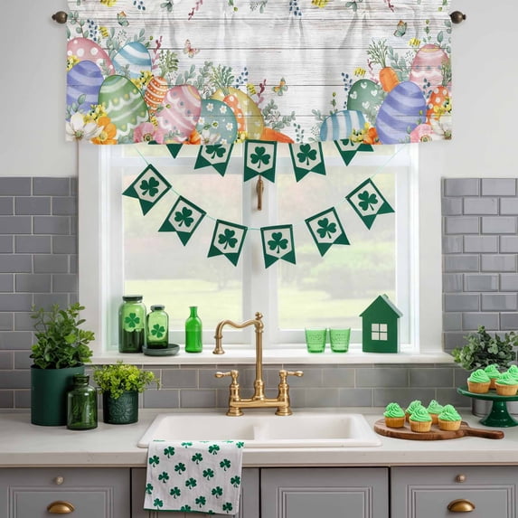 Kitchen Valances for Window, Easter Eggs Pastoral Butterfly Light Filtering Rod Pocket Valance Curtain, Spring Flower Leaf Wood Board Short Curtains Window Topper for Bedroom Living Room 42x12in