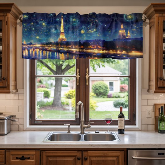 Kitchen Valances for Window, Eiffel Tower River Starry Sky Light Filtering Rod Pocket Valance Curtain, Romantic City Lights &nbsp;Short Curtains Window Topper for Bedroom 60x18in