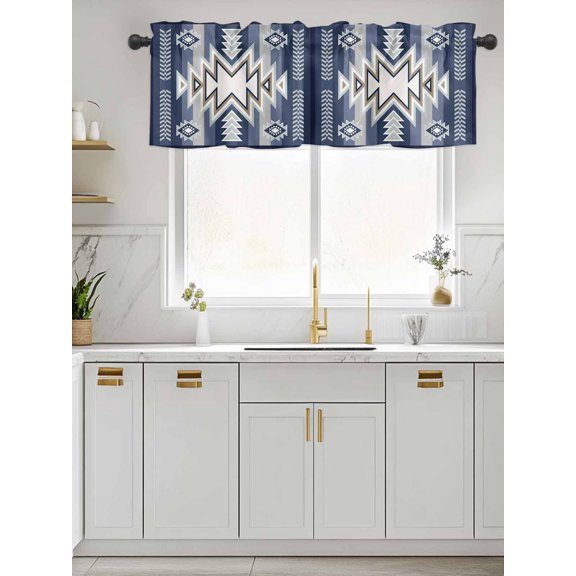 Kitchen Valances for Window, Ethnic Boho Morocco Theme Light Filtering Rod Pocket Valance Curtain, Aztec Blue Geometric Art Short Curtains Window Topper for Bedroom Bathroom Living Room 60x18in