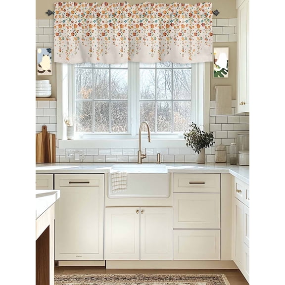 Kitchen Valances for Window, Fall Farmhouse Blooming Flower Vine Light Filtering Rod Pocket Valance Curtain, Retro Linen Burlap Short Curtains Window Topper for Bedroom Bathroom Living Room 54x18in