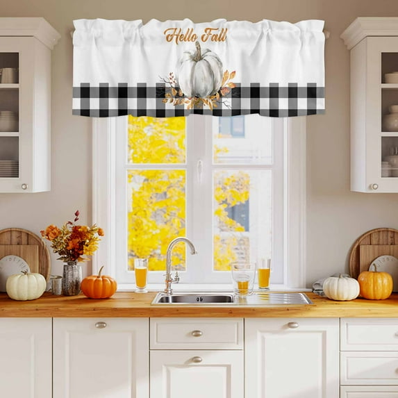 Kitchen Valances for Window, Fall Pumpkin Orange Maple Leaves Light Filtering Rod Pocket Valance Curtain, Thanksgiving Black Buffalo Check Short Curtains Window Topper for Bedroom Living Room 54x18in