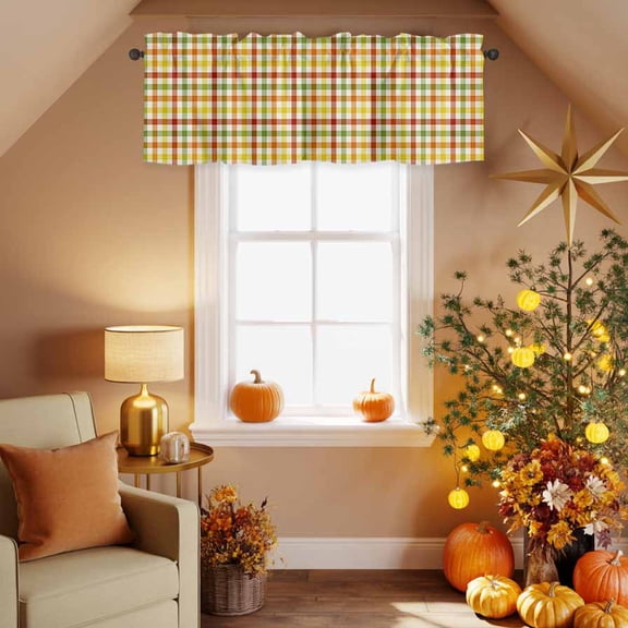 Kitchen Valances for Window, Fall Thanksgiving Orange Buffalo Plaid Light Filtering Rod Pocket Valance Curtain, Farmhouse Yellow Gingham Check &nbsp;Short Curtains Window Topper for Bedroom 54x18in