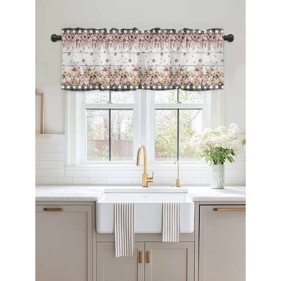 Kitchen Valances for Window, Fall Thanksgiving Pumpkin Floral Light Filtering Rod Pocket Valance Curtain, Grey Wood Grain and Pink Short Curtains Window Topper for Bedroom Living Room 54x18in