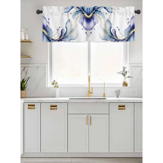 Kitchen Valances for Window, Fantasy Ink Abstract Art Light Filtering Rod Pocket Valance Curtain, Gradient Purple Blue Short Curtains Window Topper for Bedroom Bathroom Living Room 60x18in