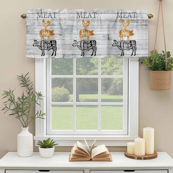 Kitchen Valances for Window, Farm Animal Meat Light Filtering Rod Pocket Valance Curtain, Vintage Chicken Pork and Beef on Wood Board Short Curtains Window Topper for Bedroom Living Room 42x12in