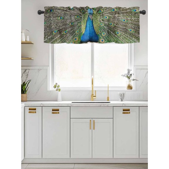 Kitchen Valances for Window, Farm Bird Art Peacock Close-up Light Filtering Rod Pocket Valance Curtain, Animal Feather Pattern Short Curtains Window Topper for Bedroom Bathroom Living Room 60x18in
