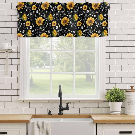 Kitchen Valances for Window, Farm Blossom Sunflower on Black Light Filtering Rod Pocket Valance Curtain, Seamless Floral Bees Short Curtains Window Topper for Bedroom Bathroom Living Room 54x18in
