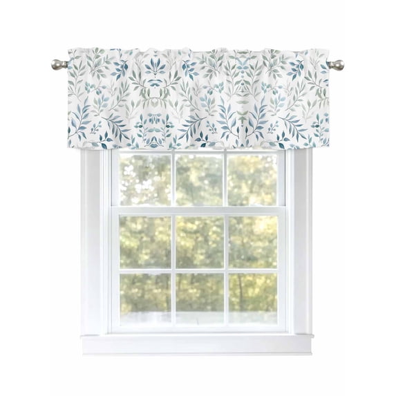 Kitchen Valances for Window, Farm Country Plant Leaves Light Filtering Rod Pocket Valance Curtain, Pastoral Blue Green Botanical Short Curtains Window Topper for Bedroom 54x18in