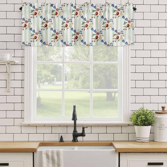 Kitchen Valances for Window, Farm Fruits Cherries Blueberry Light Filtering Rod Pocket Valance Curtain, Green White Striped Short Curtains Window Topper for Bedroom Bathroom Living Room 54x18in