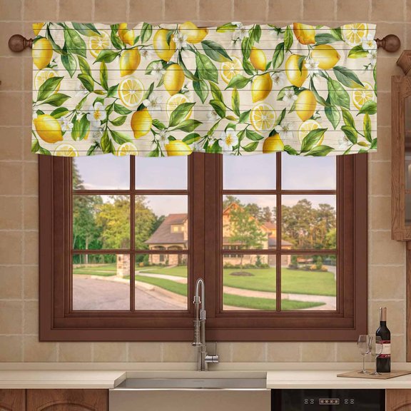 Kitchen Valances for Window, Farm Fruits Lemon Floral Light Filtering Rod Pocket Valance Curtain, Yellow Wood Texture Short Curtains Window Topper for Bedroom 54x18in