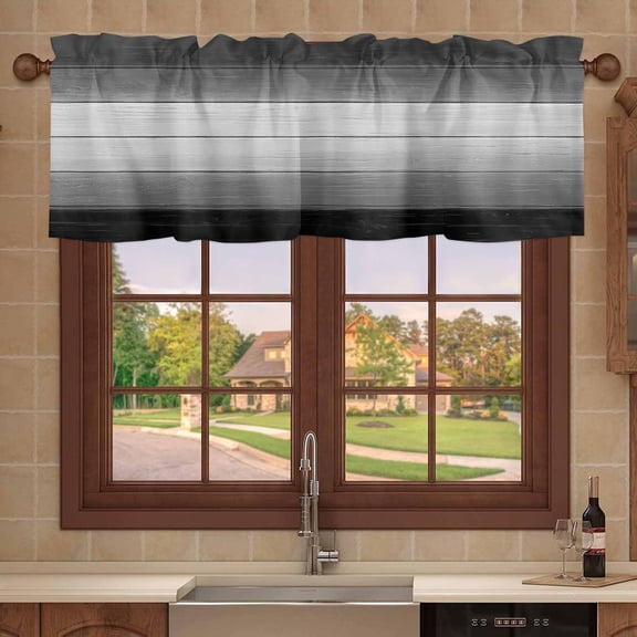 Kitchen Valances for Window, Farm Gradient Wood Grain Light Filtering Rod Pocket Valance Curtain, Black White Grey Stripe Short Curtains Window Topper for Bedroom Bathroom Living Room 54x18in