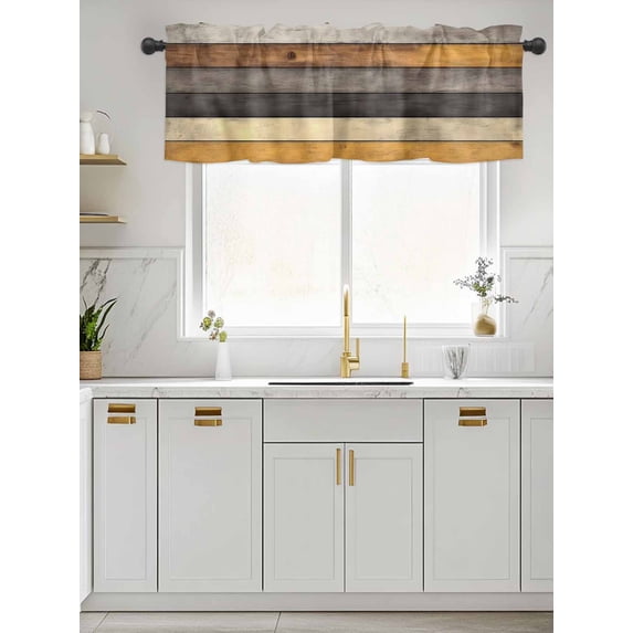 Kitchen Valances for Window, Farm Gradient Yellow Brown Wood Grain Light Filtering Rod Pocket Valance Curtain, Vintage Wood Board Short Curtains Window Topper for Bedroom Bathroom Living Room 42x12in