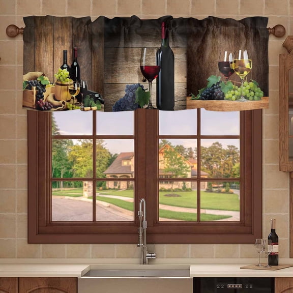 Kitchen Valances for Window, Farm Red Wine Grapes Wine Barrel Light Filtering Rod Pocket Valance Curtain, Vintage Brown Wood Board Short Curtains Window Topper for Bedroom 42x12in