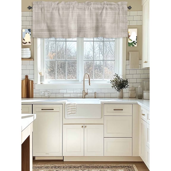 Kitchen Valances for Window, Farm Rustic Burlap Linen Texture Light Filtering Rod Pocket Valance Curtain, Vintage Lattice Lines Stripe Short Curtains Window Topper for Bedroom Living Room 54x18in