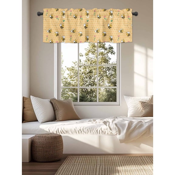 Kitchen Valances for Window, Farm Seamless Bees Flower Light Filtering Rod Pocket Valance Curtain, Rustic Yellow Honeycomb Short Curtains Window Topper for Bedroom Bathroom Living Room 54x18in