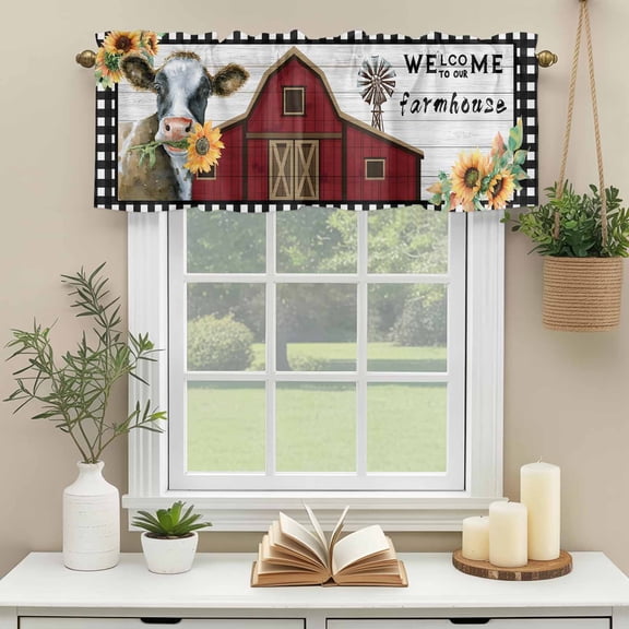Kitchen Valances for Window, Farm Sunflower Cow Light Filtering Rod Pocket Valance Curtain, Retro Wooden Barn Lattice Edge Short Curtains Window Topper for Bedroom Bathroom Living Room 42x12in