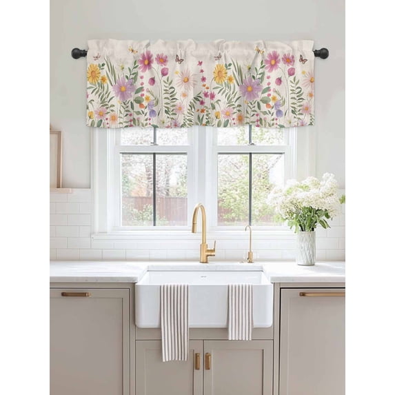 Kitchen Valances for Window, Farm Vintage Watercolor Flowers Light Filtering Rod Pocket Valance Curtain, Country Floral Butterfly Short Curtains Window Topper for Bedroom Bathroom Living Room 54x18in