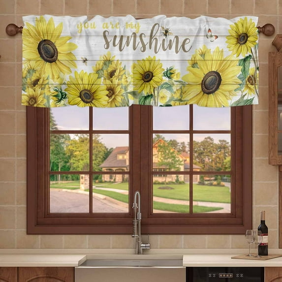 Kitchen Valances for Window, Farm Yellow Sunflower Butterfly Light Filtering Rod Pocket Valance Curtain, Sunshine Quote Retro Plank Short Curtains Window Topper for Bedroom 42x18in