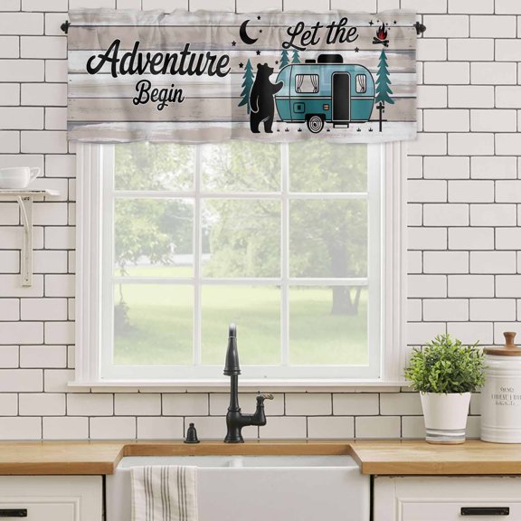 Kitchen Valances for Window, Farmhouse Bear Camper Van Tree Light Filtering Rod Pocket Valance Curtain, Vintage Wood Grain Short Curtains Window Topper for Bedroom Bathroom Living Room 54x18in