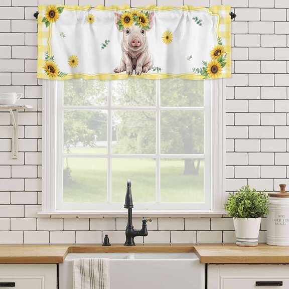 Kitchen Valances for Window, Farmhouse Sunflower Pig Light Filtering Rod Pocket Valance Curtain, Summer Yellow Theme Animal Plant Short Curtains Window Topper for Bedroom Living Room 54x18in