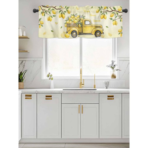 Kitchen Valances for Window, Farmhouse Truck with Lemon Light Filtering Rod Pocket Valance Curtain, Summer Fruit Yellow Theme Short Curtains Window Topper for Bedroom Bathroom Living Room 42x12in