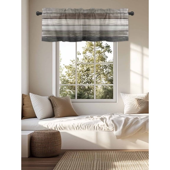Kitchen Valances for Window, Farmhouse Vintage Brown Wood Board Light Filtering Rod Pocket Valance Curtain, Old Wooden &nbsp;Short Curtains Window Topper for Bedroom Bathroom Living Room 54x18in