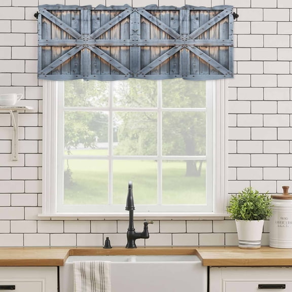 Kitchen Valances for Window, Farmhouse Wood Plank Light Filtering Rod Pocket Valance Curtain, Country Retro Wooden Board &nbsp;Short Curtains Window Topper for Bedroom Bathroom Living Room 54x18in