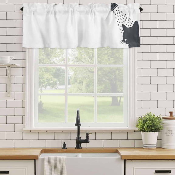 Kitchen Valances for Window, Funny Cat Light Filtering Rod Pocket Valance Curtain, Cartoon Grey White Animal Shadow Short Curtains Window Topper for Bedroom Bathroom Living Room 54x18in