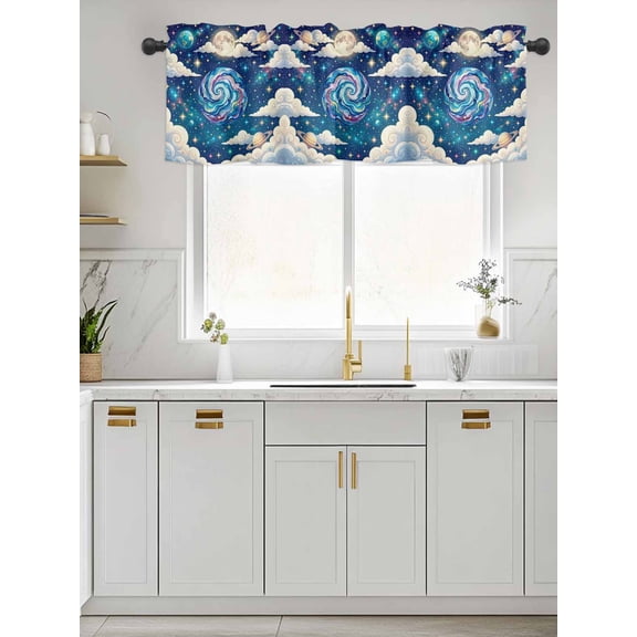 Kitchen Valances for Window, Galaxy Earth Stars Moon Planets Light Filtering Rod Pocket Valance Curtain, Dream Sky Cloud Short Curtains Window Topper for Bedroom Bathroom Living Room 42x12in