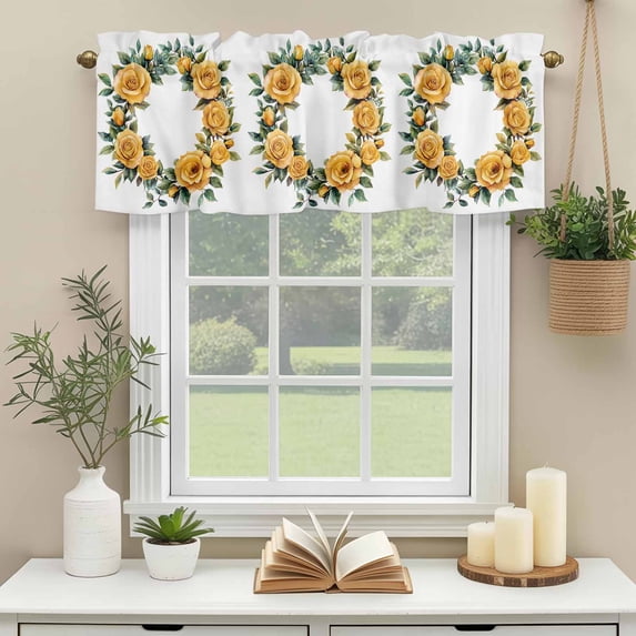 Kitchen Valances for Window, Garland Watercolor Floral Botanical Light Filtering Rod Pocket Valance Curtain, Summer Gradient Leaves Short Curtains Window Topper for Bedroom Living Room 60x18in
