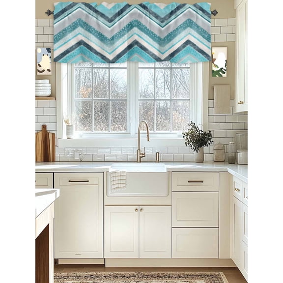 Kitchen Valances for Window, Geometric Zig Zag Art Stripes Light Filtering Rod Pocket Valance Curtain, Multicolor Chevron Short Curtains Window Topper for Bedroom Bathroom Living Room 42x12in