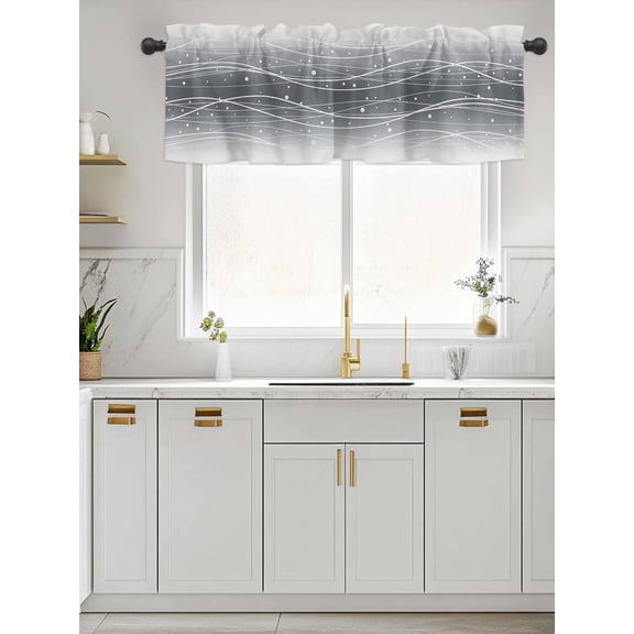 Kitchen Valances for Window, Gradient Black White Waves Light Filtering Rod Pocket Valance Curtain, Abstract Wave Points Short Curtains Window Topper for Bedroom Bathroom Living Room 42x12in