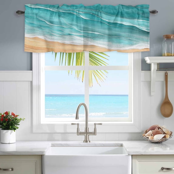 Kitchen Valances for Window, Gradient Turquoise Ocean Waves Light Filtering Rod Pocket Valance Curtain, Summer Beach Coastal Short Curtains Window Topper for Bedroom Bathroom Living Room 42x12in