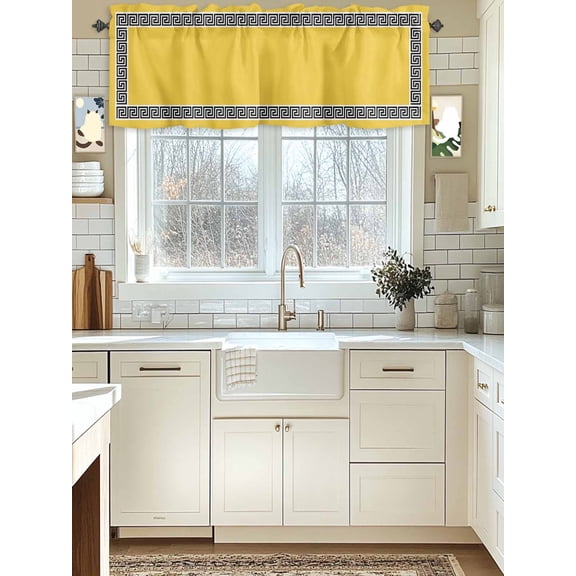 Kitchen Valances for Window, Greek Ethnic Key Texture Light Filtering Rod Pocket Valance Curtain, Twist Stripe Line on Yellow Short Curtains Window Topper for Bedroom Bathroom Living Room 54x18in