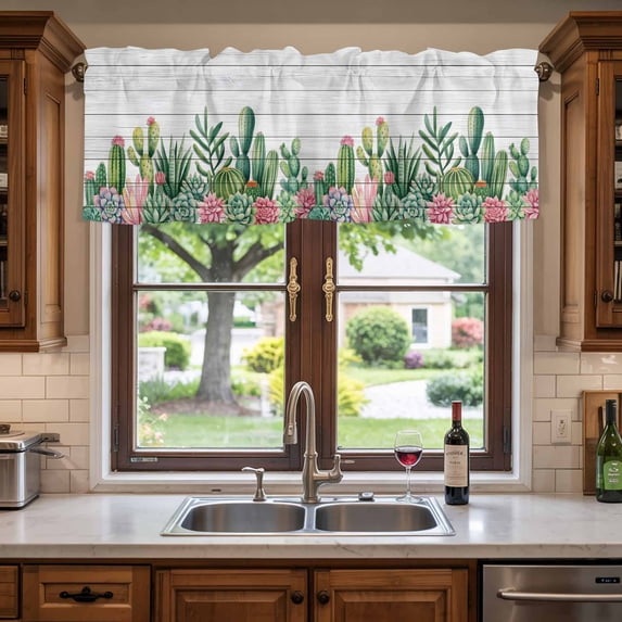 Kitchen Valances for Window, Green Pink Tropical Cactus Light Filtering Rod Pocket Valance Curtain, Forest Plant Wood Board Short Curtains Window Topper for Bedroom Bathroom Living Room 42x12in