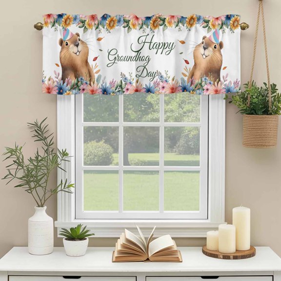 Kitchen Valances for Window, Ground Rat Flower Bushes Leaves Light Filtering Rod Pocket Valance Curtain, Happy Groundhog Day Short Curtains Window Topper for Bedroom Bathroom Living Room 42x12in