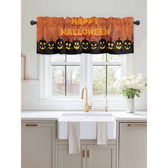 Kitchen Valances for Window, Halloween Horror Pumpkin Ghost Light Filtering Rod Pocket Valance Curtain, Spiders Web on Orange Short Curtains Window Topper for Bedroom Bathroom Living Room 54x18in