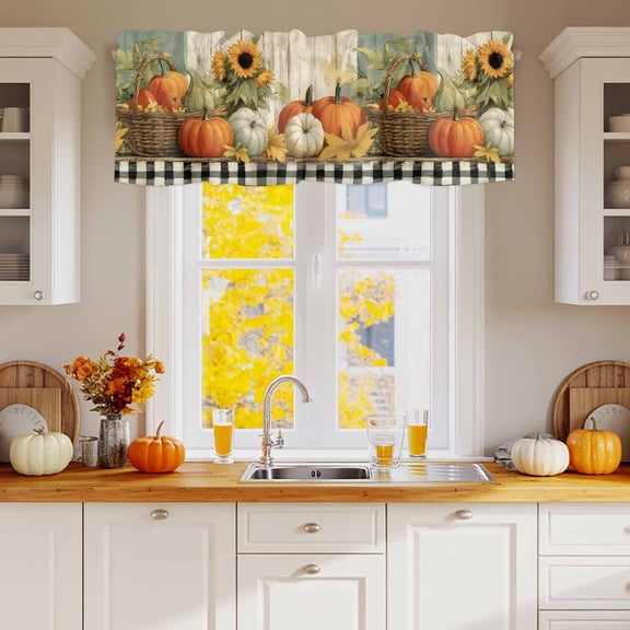 Kitchen Valances for Window, Harvest Pumpkin Sunflower Light Filtering Rod Pocket Valance Curtain, Shabby Chic Vintage Farm Short Curtains Window Topper for Bedroom Bathroom Living Room 54x18in