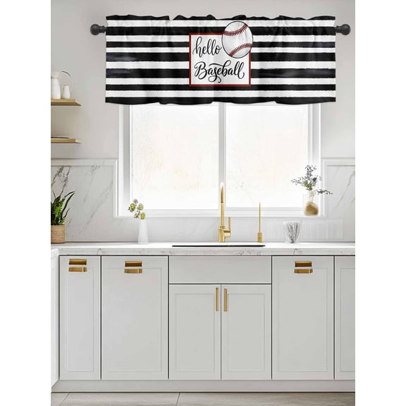 Kitchen Valances for Window, Hello Baseball Words Light Filtering Rod Pocket Valance Curtain, Black White Striped Short Curtains Window Topper for Bedroom Bathroom Living Room 60x18in