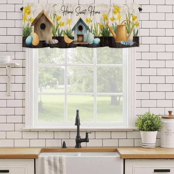 Kitchen Valances for Window, Home Sweet Home Words on Linen Light Filtering Rod Pocket Valance Curtain, Bird Cages Kettles Short Curtains Window Topper for Bedroom Bathroom Living Room 54x18in