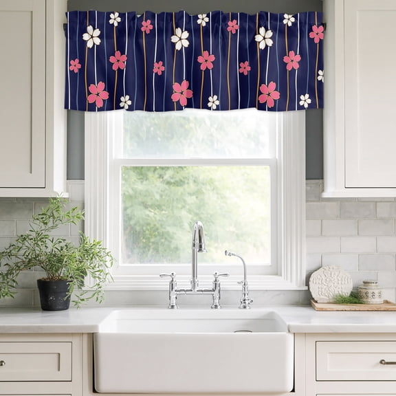 Kitchen Valances for Window, Japanese Cherry Blossoms Light Filtering Rod Pocket Valance Curtain, Striped Blue Background Short Curtains Window Topper for Bedroom Bathroom Living Room 54x18in