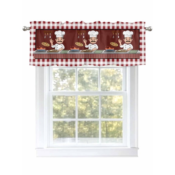 Kitchen Valances for Window, Kitchen Cute Chef Cook Burgundy Red Plaid Light Filtering Rod Pocket Valance Curtain, Pizza Gourmet Short Curtains Window Topper for Bedroom 54x18in