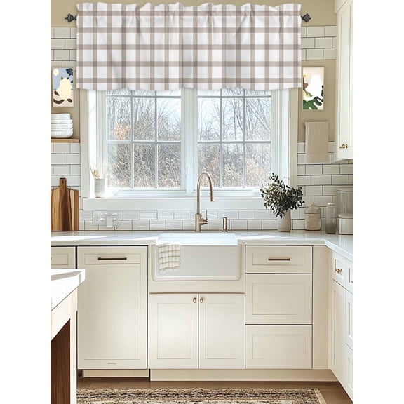 Kitchen Valances for Window, Light Brown Plaid Light Filtering Rod Pocket Valance Curtain, Farm Country Theme Short Curtains Window Topper for Bedroom Bathroom Living Room 54x18in