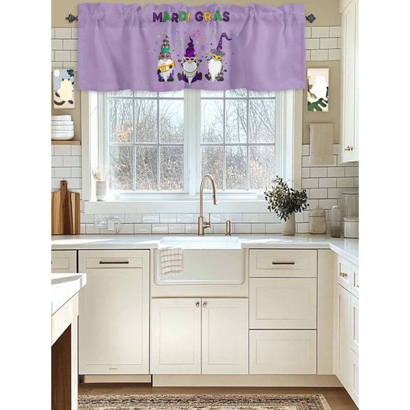 Kitchen Valances for Window, Mardi Gras Cartoon Cute Dwarfs Light Filtering Rod Pocket Valance Curtain, Purple Short Curtains Window Topper for Bedroom Bathroom Living Room 42x12in
