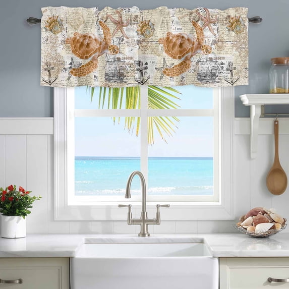 Kitchen Valances for Window, Marine Sea Turtle Starfish Shell Light Filtering Rod Pocket Valance Curtain, Sailboat Shell on Vintage Newspaper Short Curtains Window Topper for Bedroom 42x12in