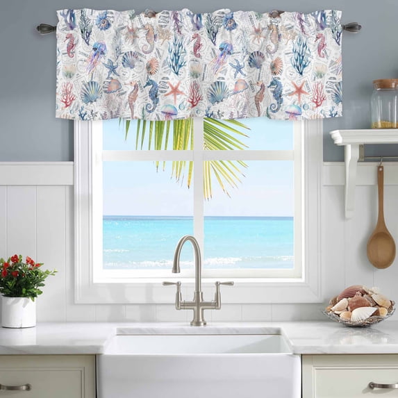 Kitchen Valances for Window, Marine Shell Jellyfish Coral Starfish Light Filtering Rod Pocket Valance Curtain, Ocean Life on Postmark Short Curtains Window Topper for Bedroom Living Room 42x12in