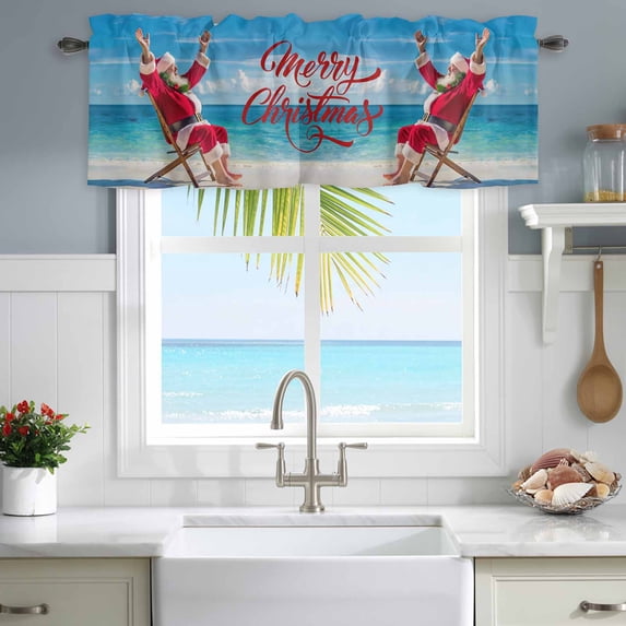 Kitchen Valances for Window, Merry Christmas Red Santa Claus Light Filtering Rod Pocket Valance Curtain, Beach Blue Ocean Style Short Curtains Window Topper for Bedroom Bathroom Living Room 54x18in